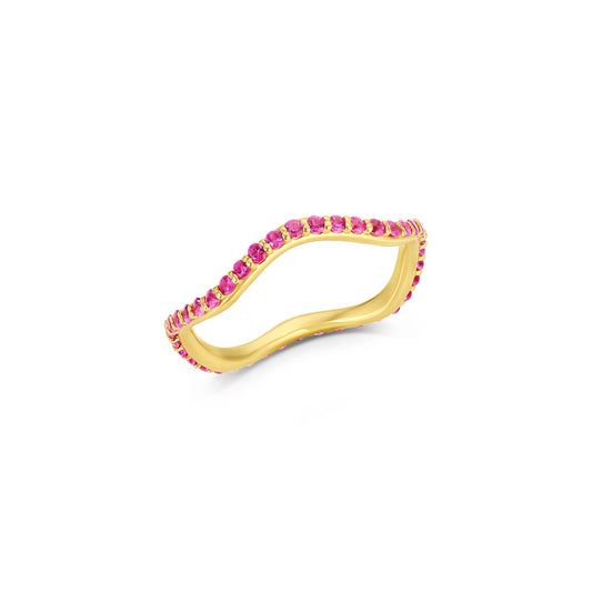 Short Lull Band in 14KY Fairmined Gold with hot pink sapphires, angled wavy profile