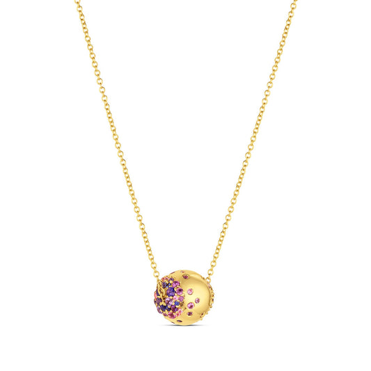 Rolling Tides Necklace in 14KY Fairmined Gold showing spinning form, side view with light purple to dark purple sapphires