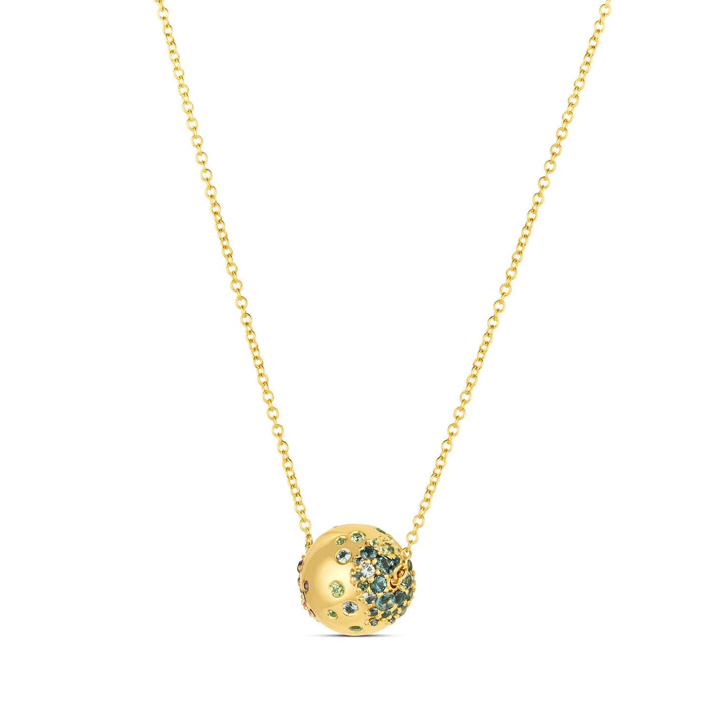 Rolling Tides Necklace in 14KY Fairmined Gold, alternate side angle with seafoam green to teal sapphires