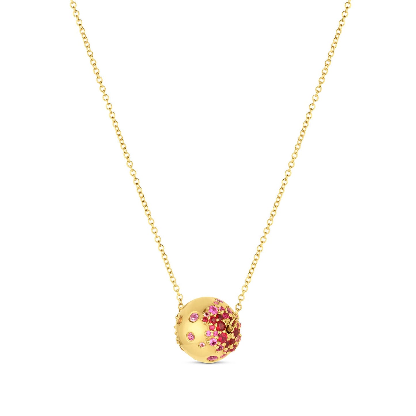 Rolling Tides Pendant in 14KY Fairmined Gold, alternate side angle with pink to red sapphires and rubies