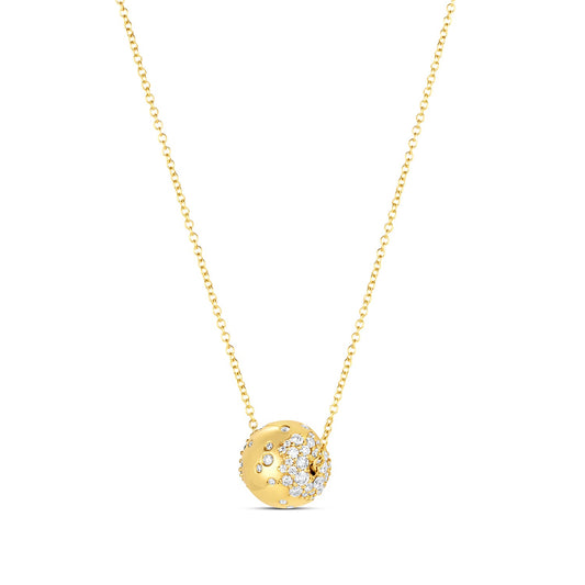 Rolling Tides Necklace in 14KY Fairmined Gold showing spinning form, side view with recycled diamonds