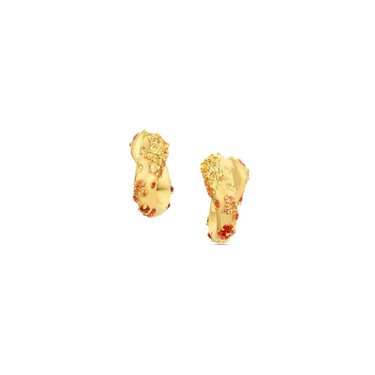 Ebb & Flow Huggie earrings in 14KY Fairmined Gold, front-facing pair with pale yellow to red-orange sapphires