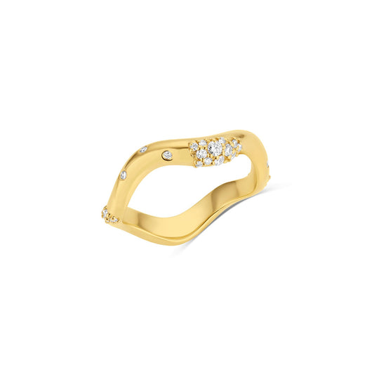 Shimmering Tides Wave Ring in 14KY Fairmined Gold with scattered diamonds, angled view