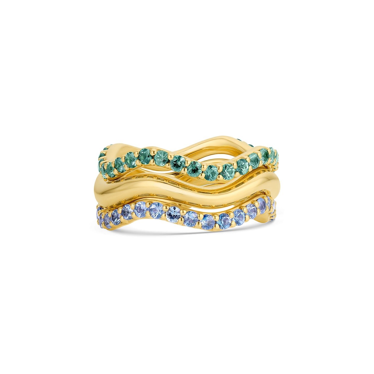 Two Long Lull Bands and one Wave Ring shown in a set. 