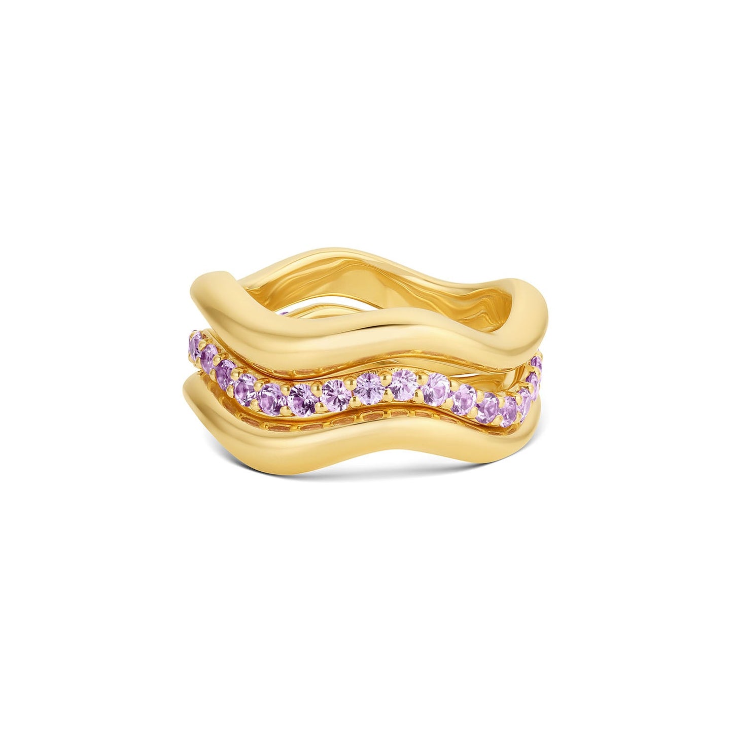 Ring stack showing to Plain Wave Rings and one Long Lull Band in Lavender