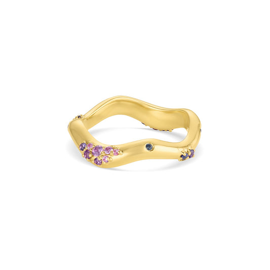 Shimmering Tides Wave Ring in 14KY Fairmined Gold with ombré sapphires, front view