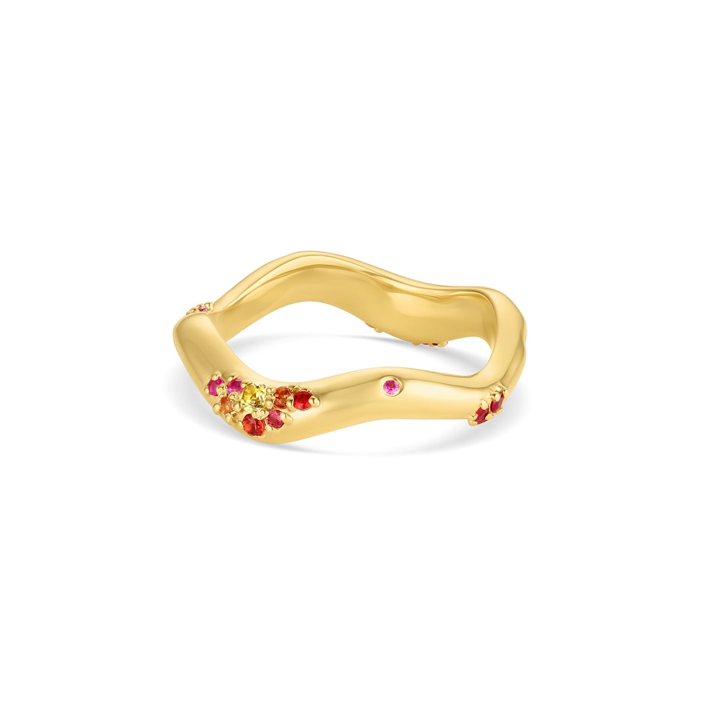 Shimmering Tides Wave Ring in 14KY Fairmined Gold showing sculpted wave texture, and warm-toned sapphires, back view