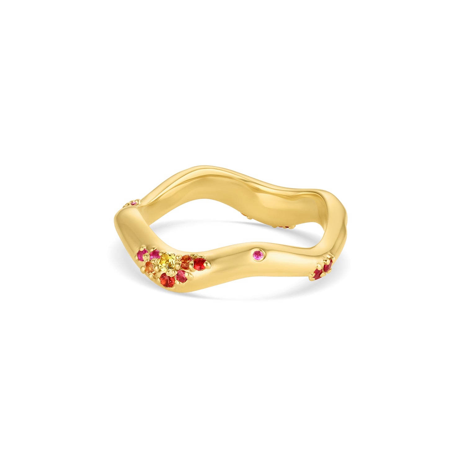 Shimmering Tides Wave Ring in 14KY Fairmined Gold showing sculpted wave texture, and warm-toned sapphires, back view