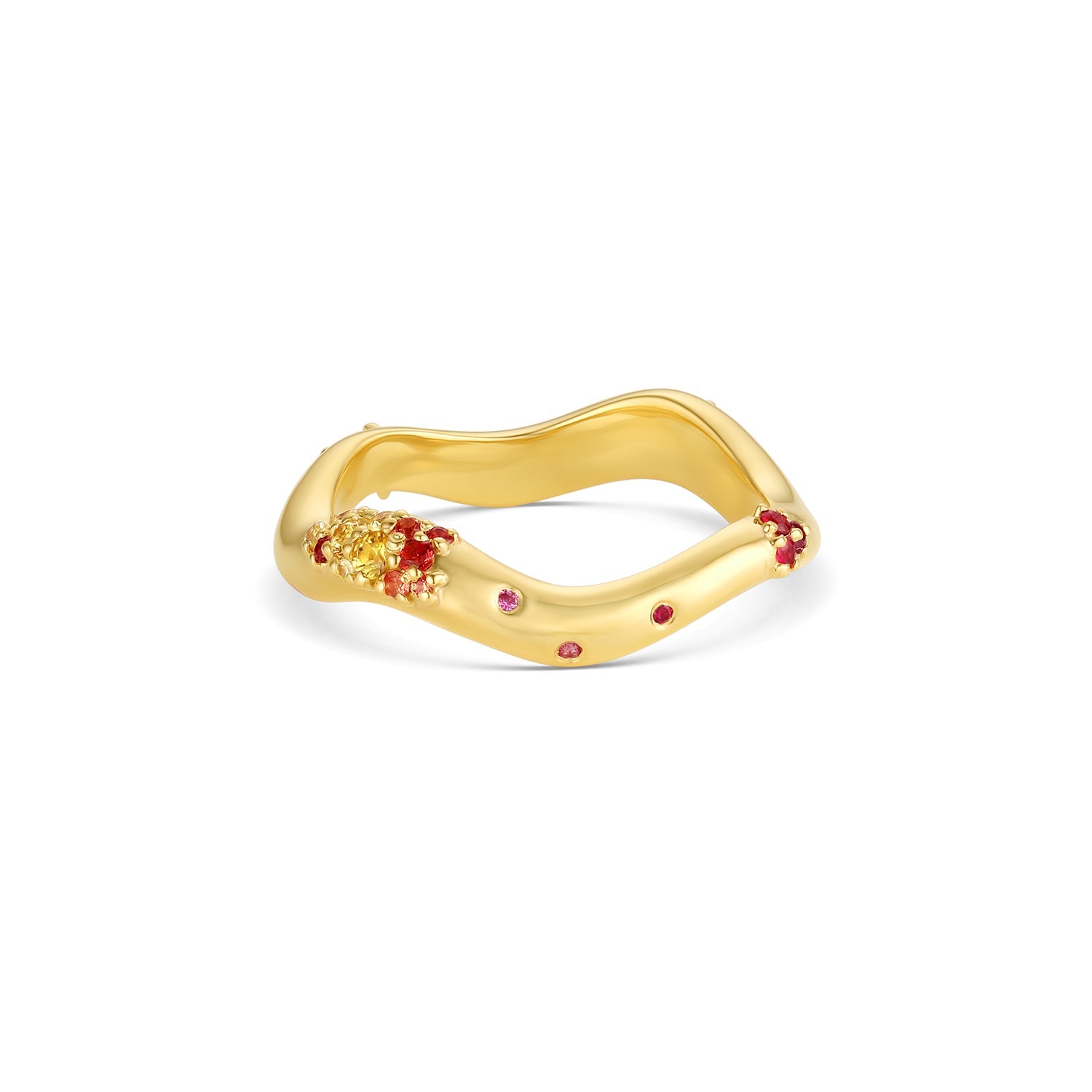 Shimmering Tides Wave Ring in 14KY Fairmined Gold with warm-toned sapphires, front view