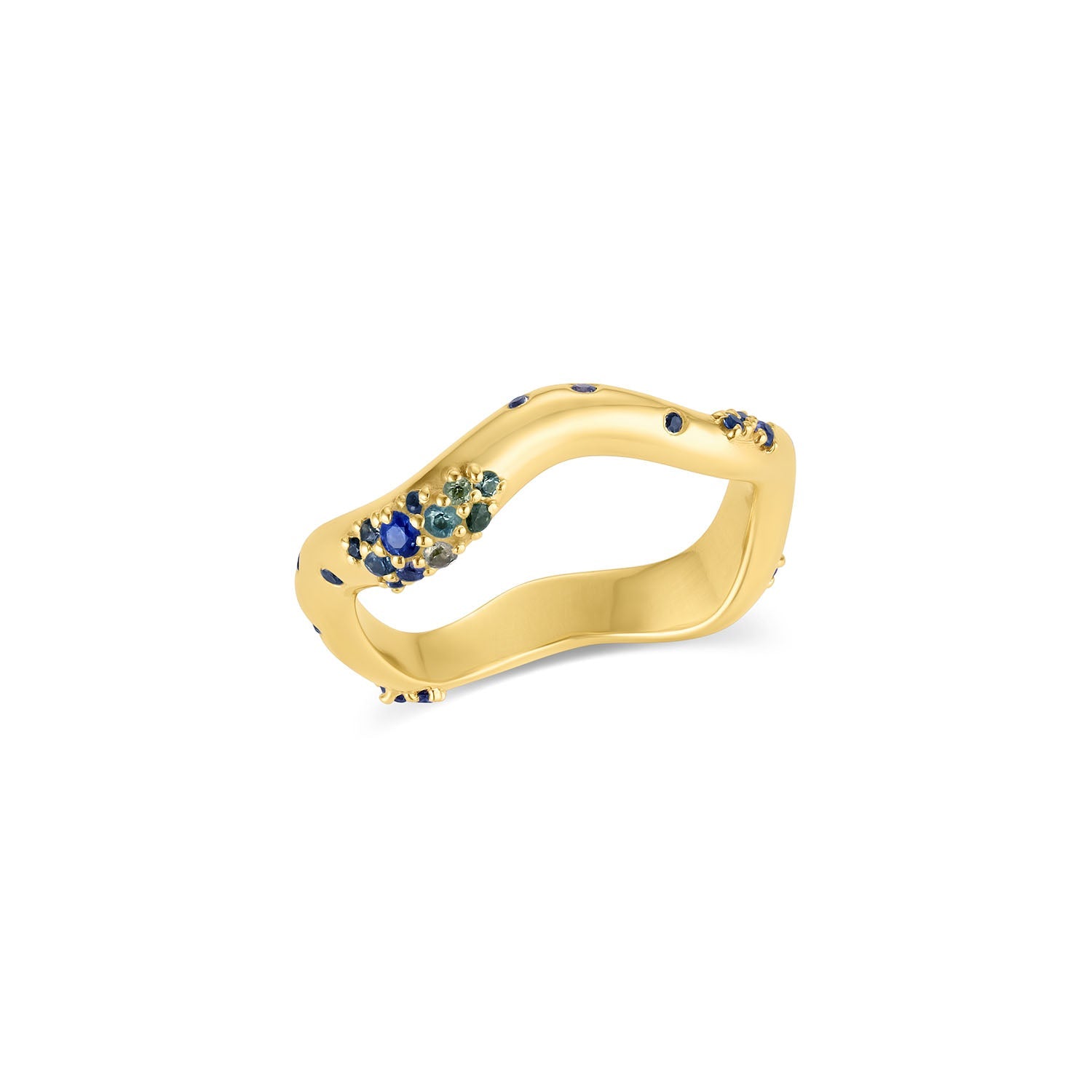Shimmering Tides Wave Ring in 14KY Fairmined Gold with ombré sapphires, angled view