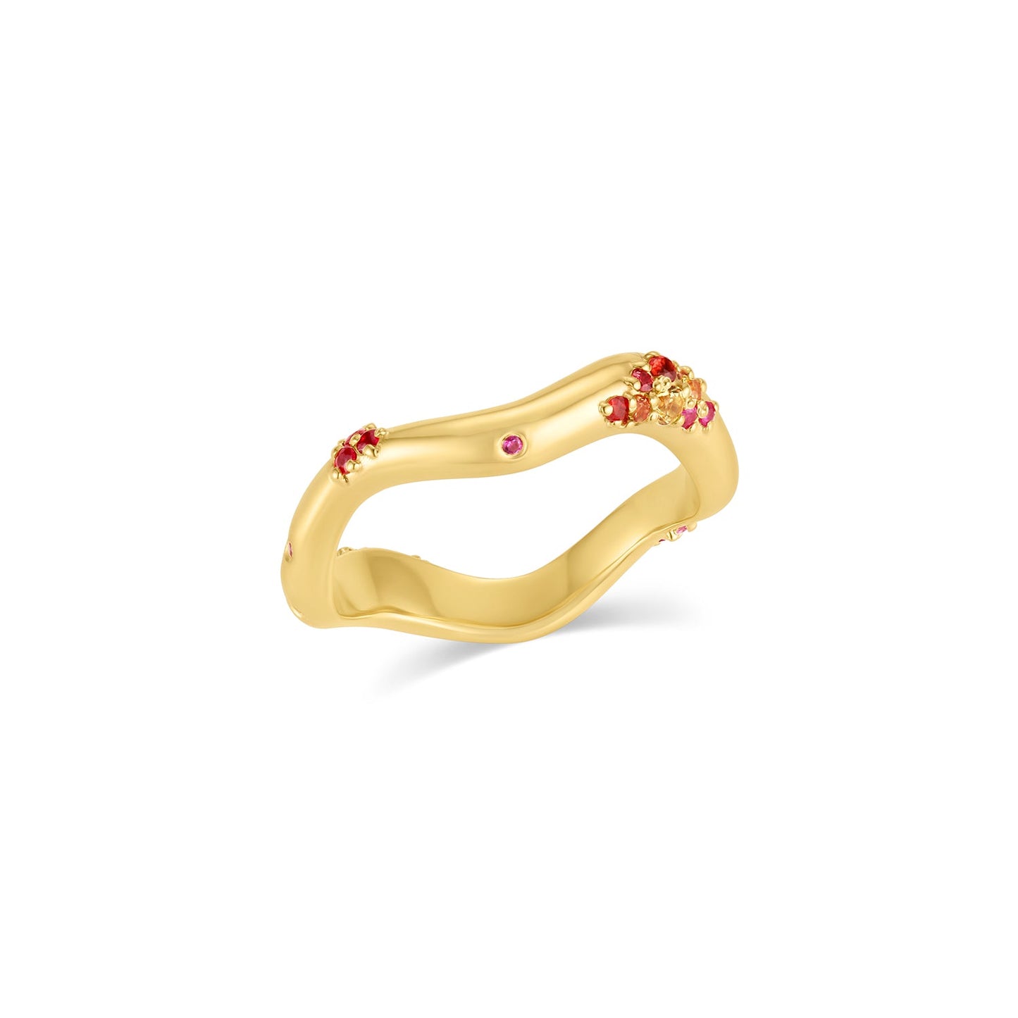 Shimmering Tides Wave Ring in 14KY Fairmined Gold with warm-toned sapphires, angled view