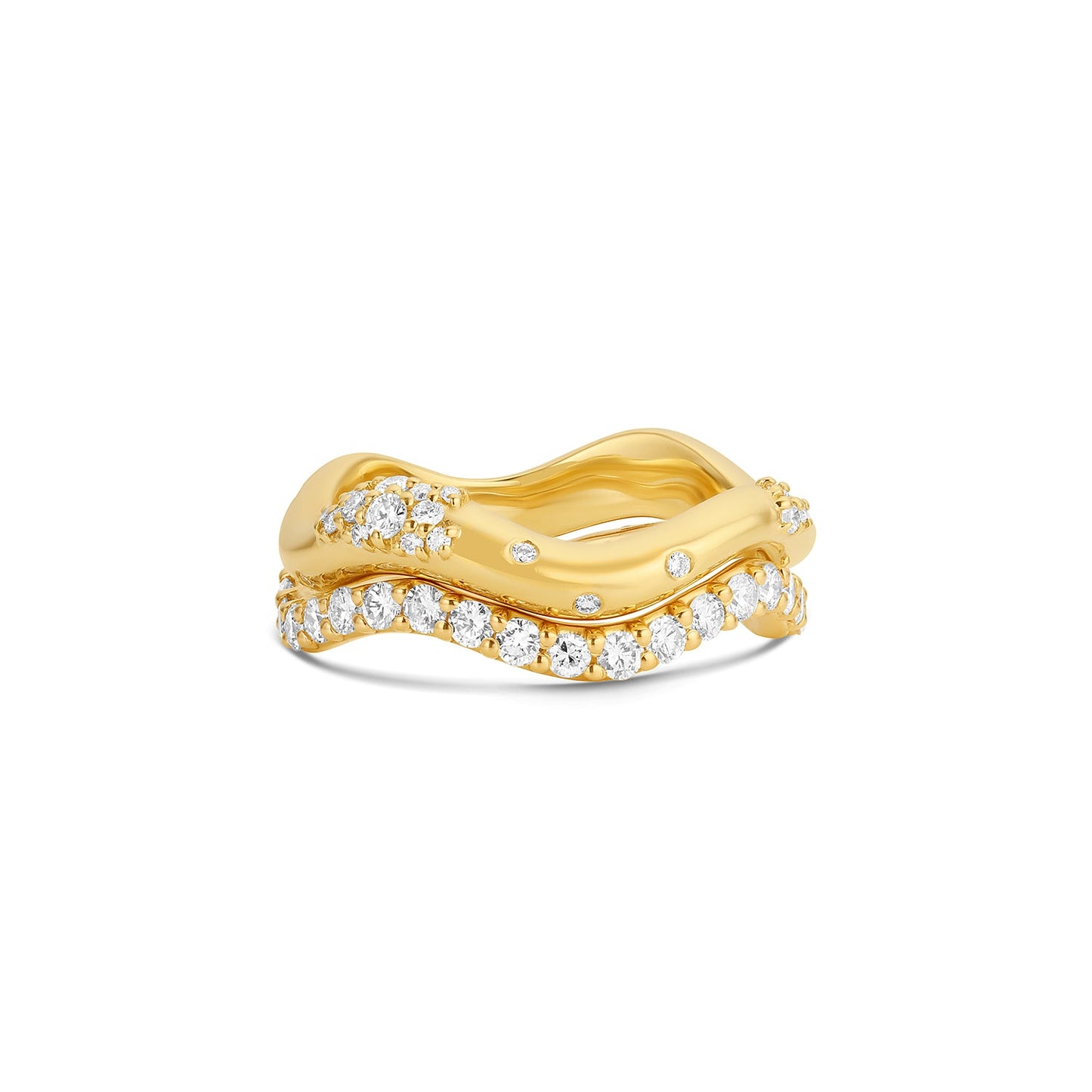 Long Lull Band in 14KY Fairmined Gold with diamonds, shown in stack with Shimmering Tides Wave Ring Moonglow