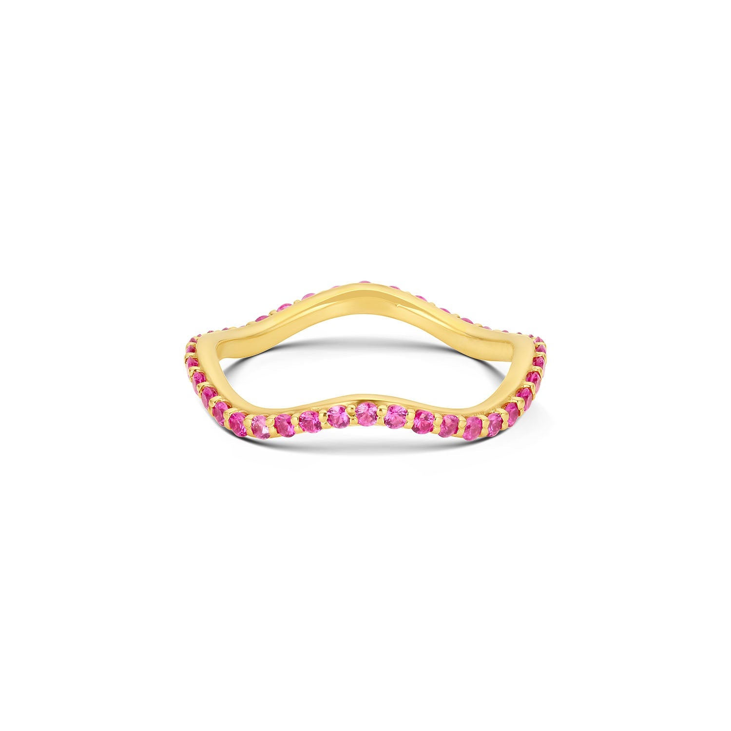 Short Lull Band in 14KY Fairmined Gold with 1.5mm hot pink sapphires, front view