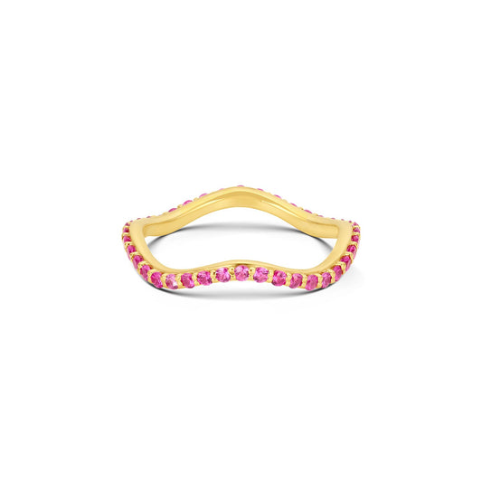 Short Lull Band in 14KY Fairmined Gold with 1.5mm hot pink sapphires, front view