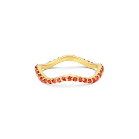 Short Lull Band in 14KY Fairmined Gold with 1.5mm red-orange sapphires, front view
