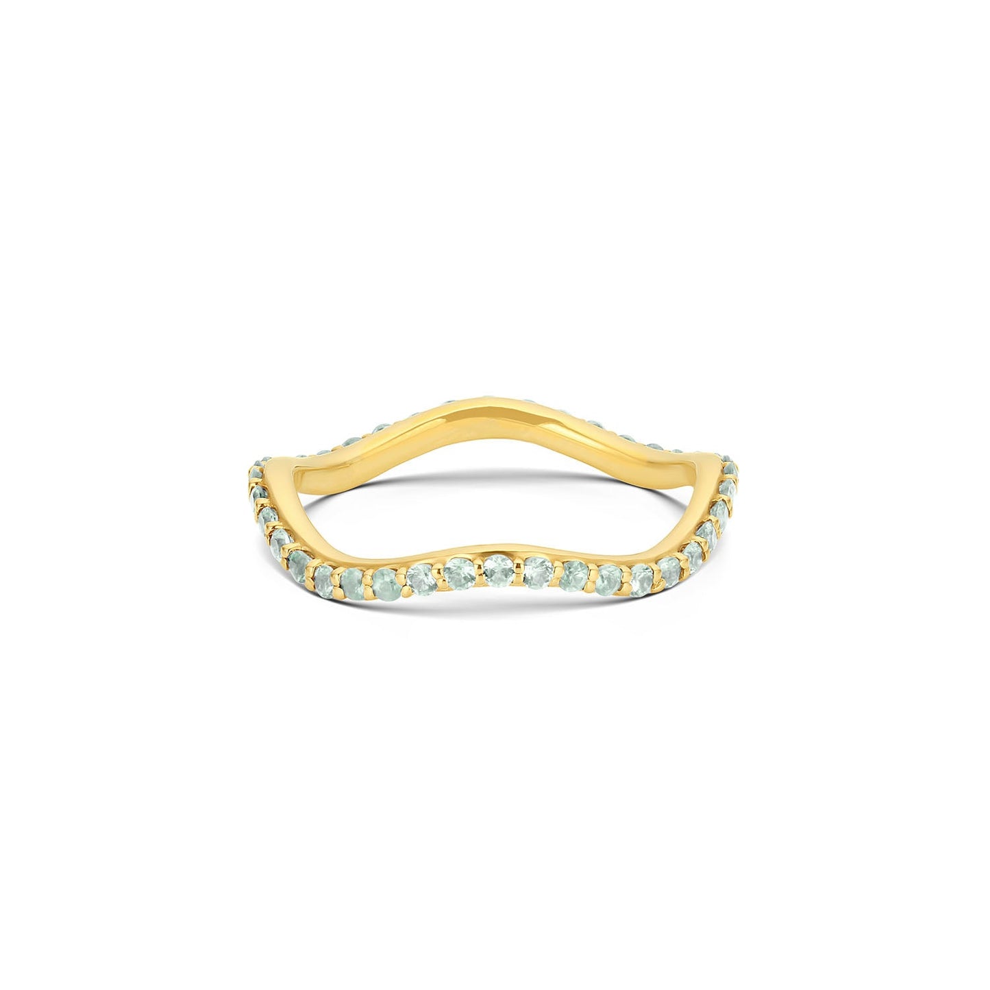 Short Lull Band in 14KY Fairmined Gold with 1.5mm seafoam green sapphires, front view