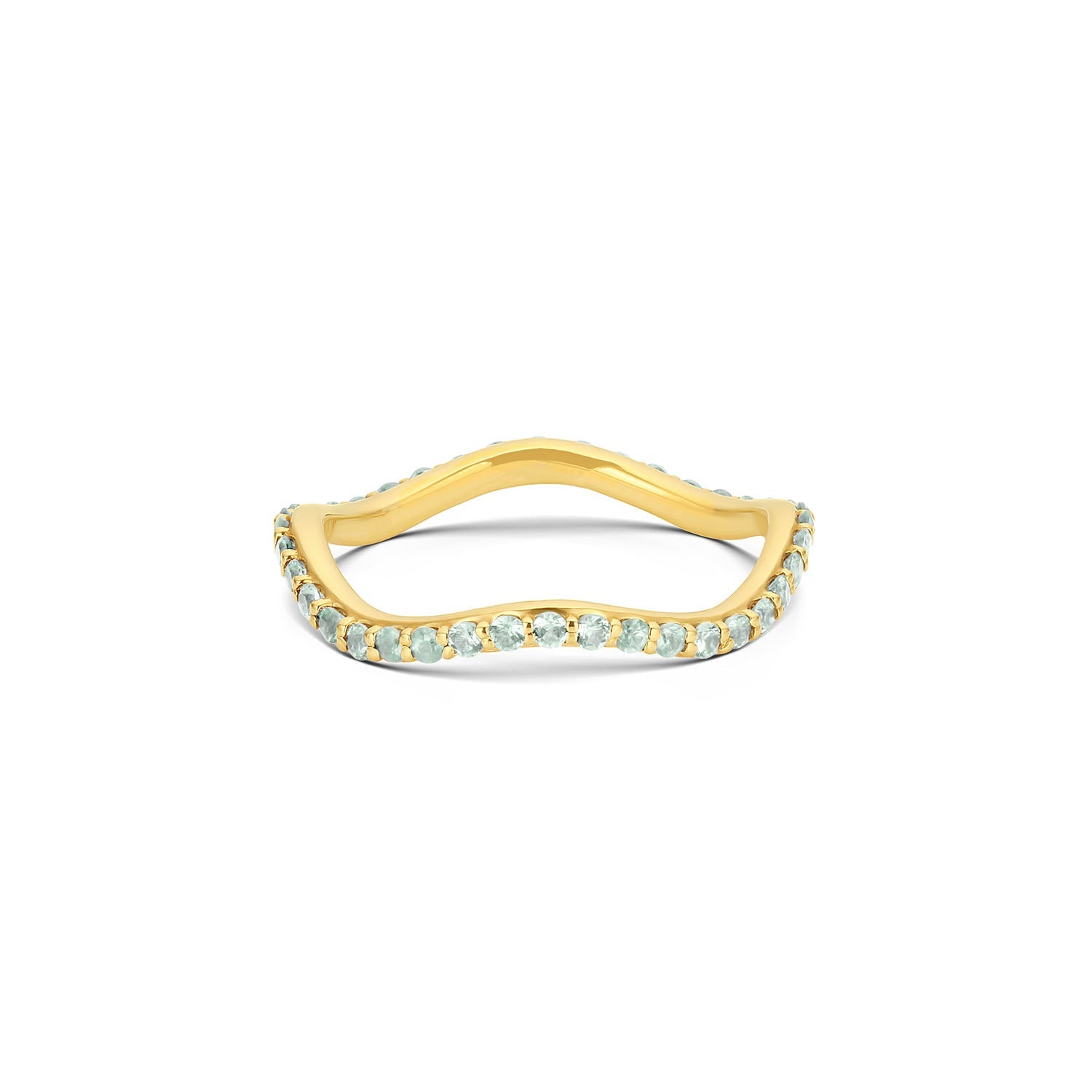 Short Lull Band in 14KY Fairmined Gold with 1.5mm seafoam green sapphires, front view