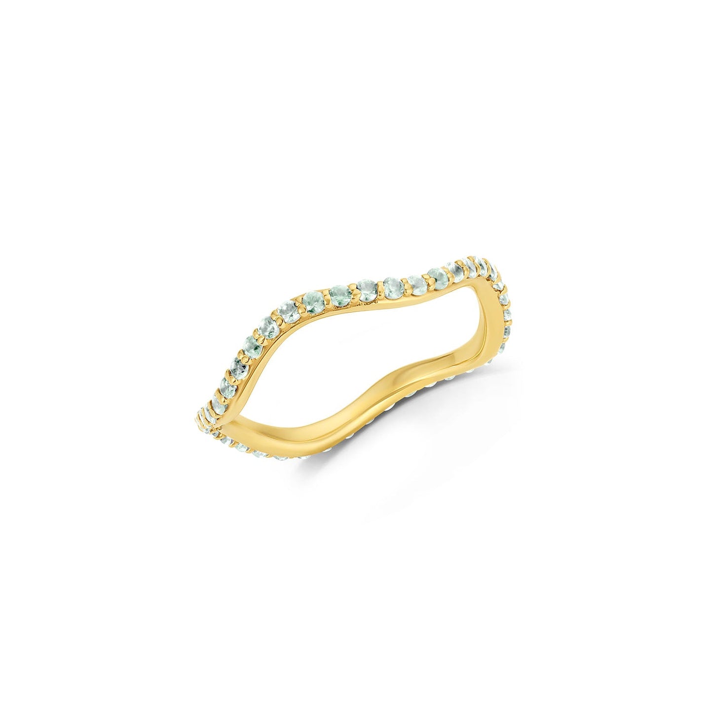 Short Lull Band in 14KY Fairmined Gold with seafoam green sapphires, angled wavy profile