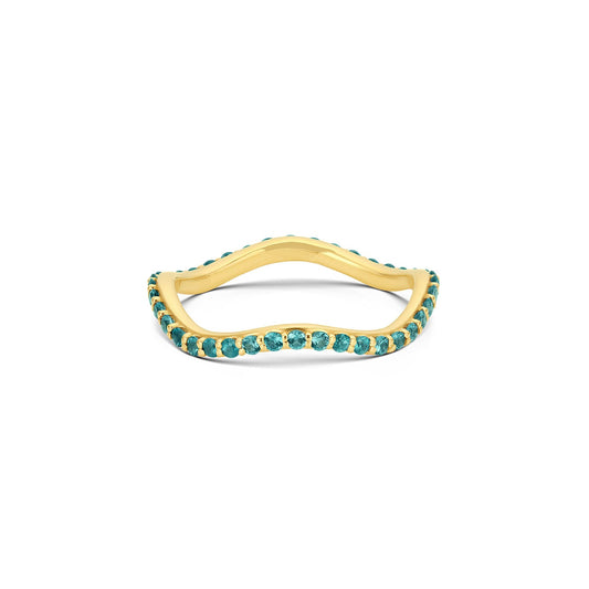 Short Lull Band in 14KY Fairmined Gold with 1.5mm teal sapphires, front view