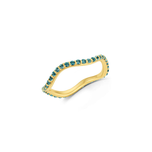 Short Lull Band in 14KY Fairmined Gold with 1.5mm teal sapphires, angled wavy profile