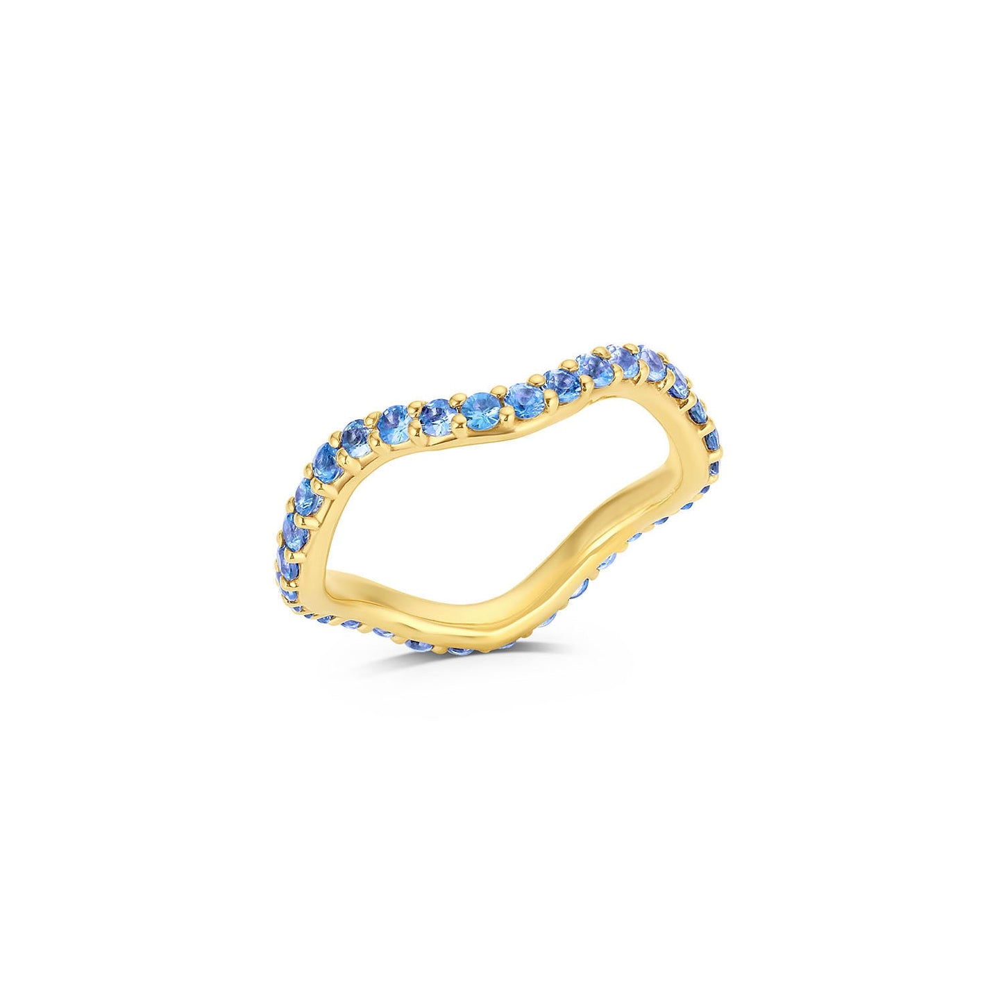 Long Lull Band in 14KY Fairmined Gold with blue sapphires, angled wavy profile