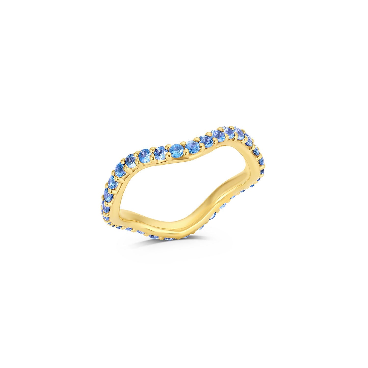 Long Lull Band in 14KY Fairmined Gold with blue sapphires, angled wavy profile