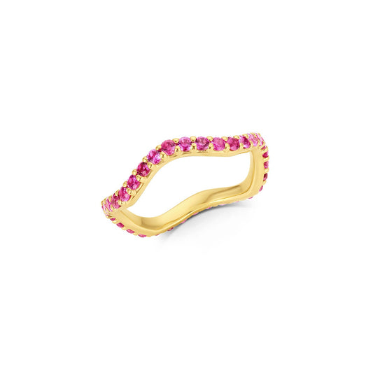 Long Lull Band in 14KY Fairmined Gold with hot pink sapphires, angled wavy profile