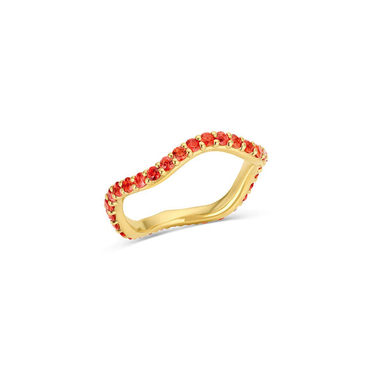 Long Lull Band in 14KY Fairmined Gold with red-orange sapphires, angled wavy profile