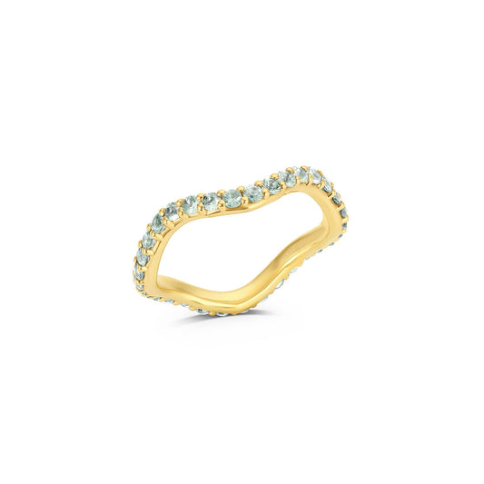 Long Lull Band in 14KY Fairmined Gold with seafoam green sapphires, angled wavy profile