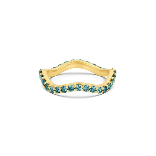 Long Lull Band in 14KY Fairmined Gold with 2.0mm teal sapphires, front view