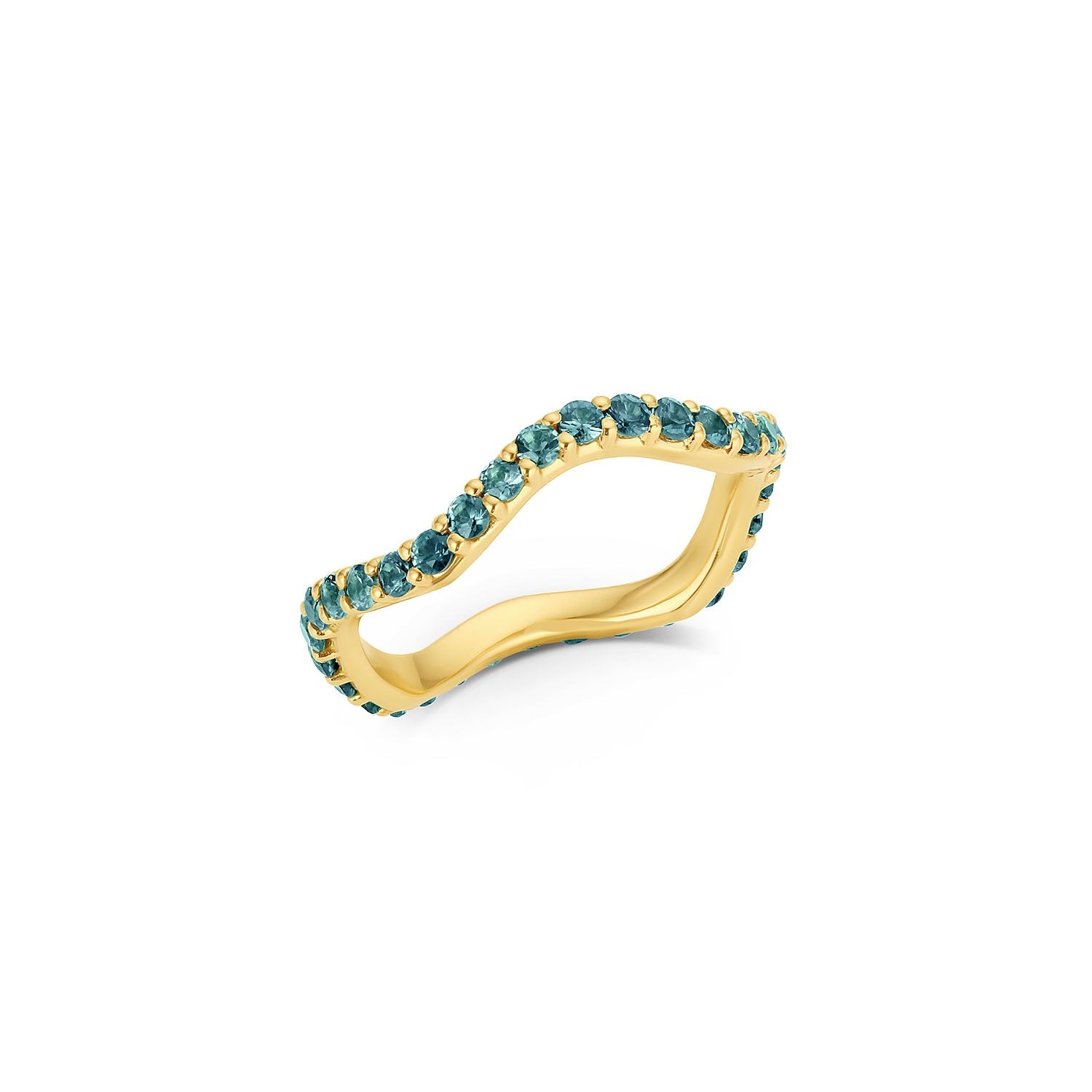 Long Lull Band in 14KY Fairmined Gold with 2.0mm teal sapphires, angled wavy profile