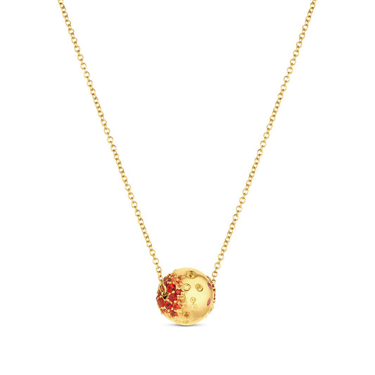 Rolling Tides Pendant in 14KY Fairmined Gold showing spinning form, side view with yellow to red-orange sapphires