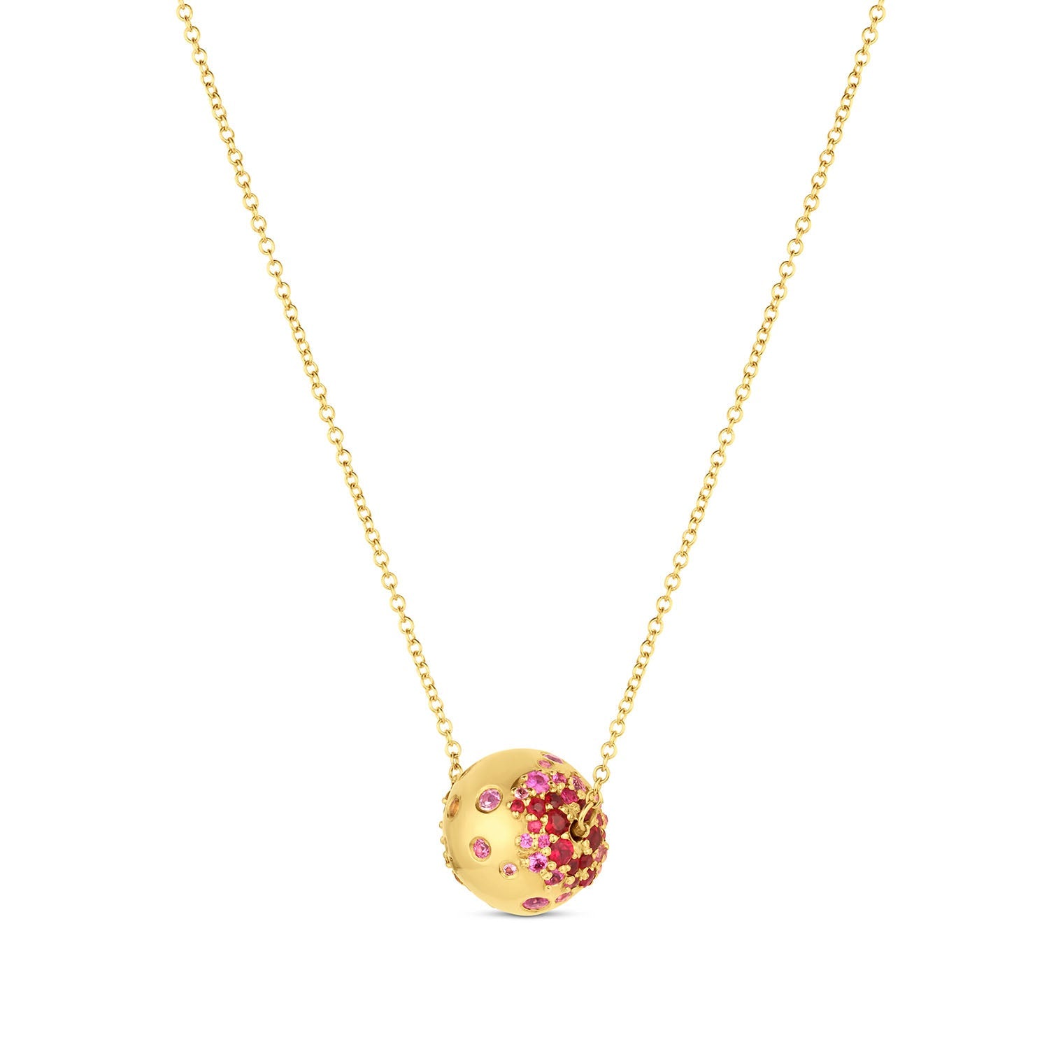Rolling Tides Pendant in 14KY Fairmined Gold, alternate side angle with pink to red sapphires and rubies