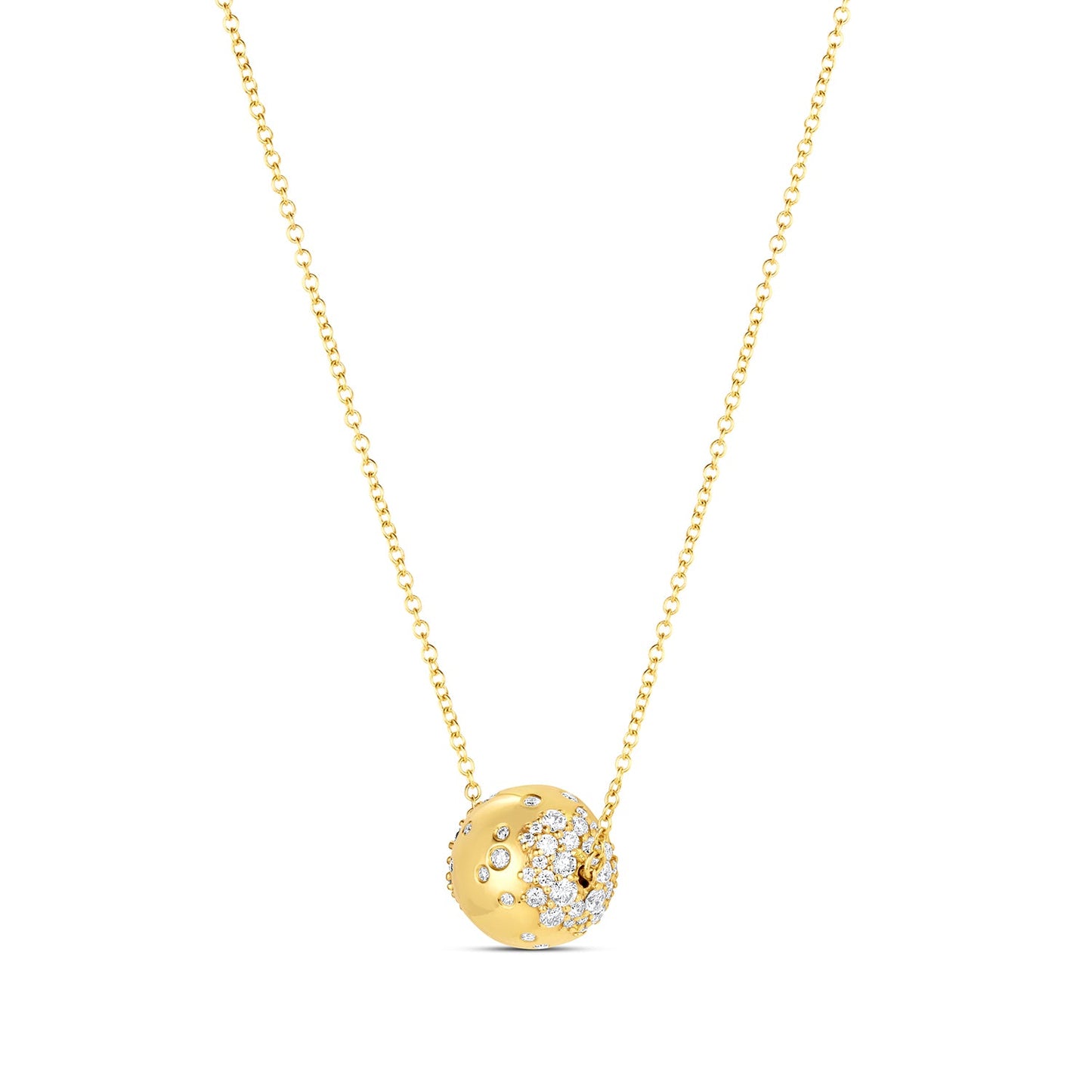 Rolling Tides Necklace in 14KY Fairmined Gold showing spinning form, side view with recycled diamonds