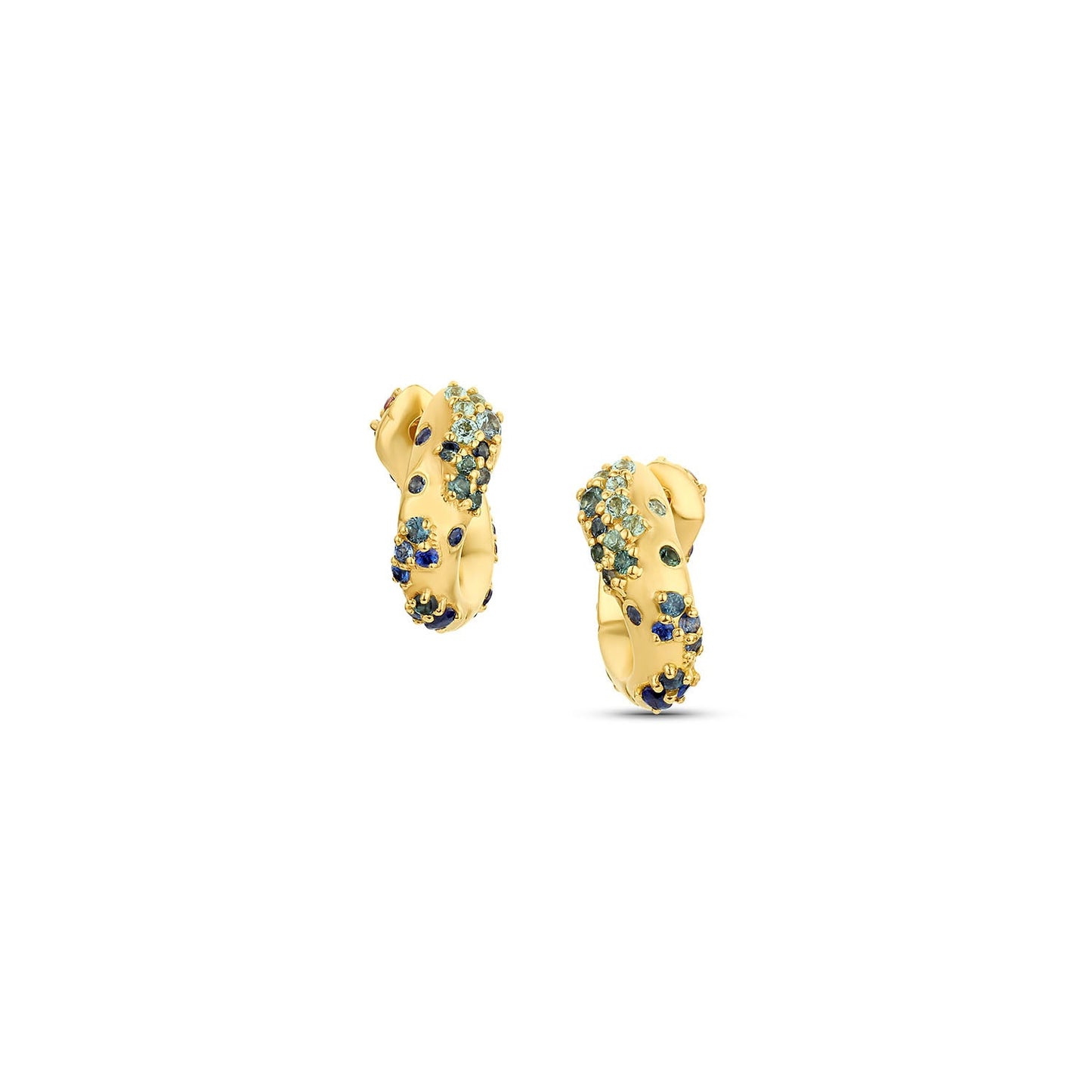 Ebb & Flow Huggie earrings in 14KY Fairmined Gold, front-facing pair with seafoam green to dark teal sapphires.