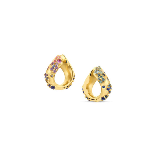 Ebb & Flow Huggie earrings in 14KY Fairmined Gold showing reversible design with cool-toned sapphires