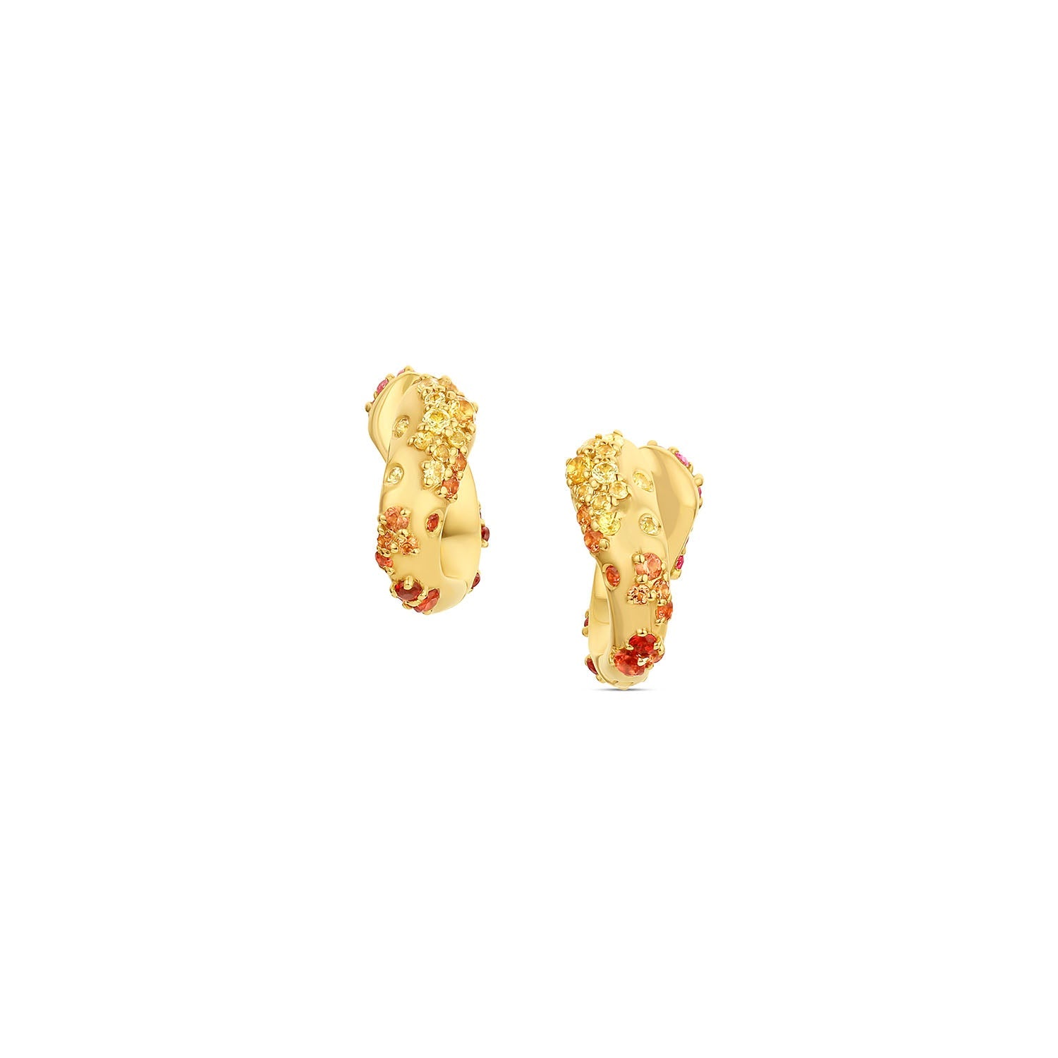 Ebb & Flow Huggie earrings in 14KY Fairmined Gold, front-facing pair with pale yellow to red-orange sapphires