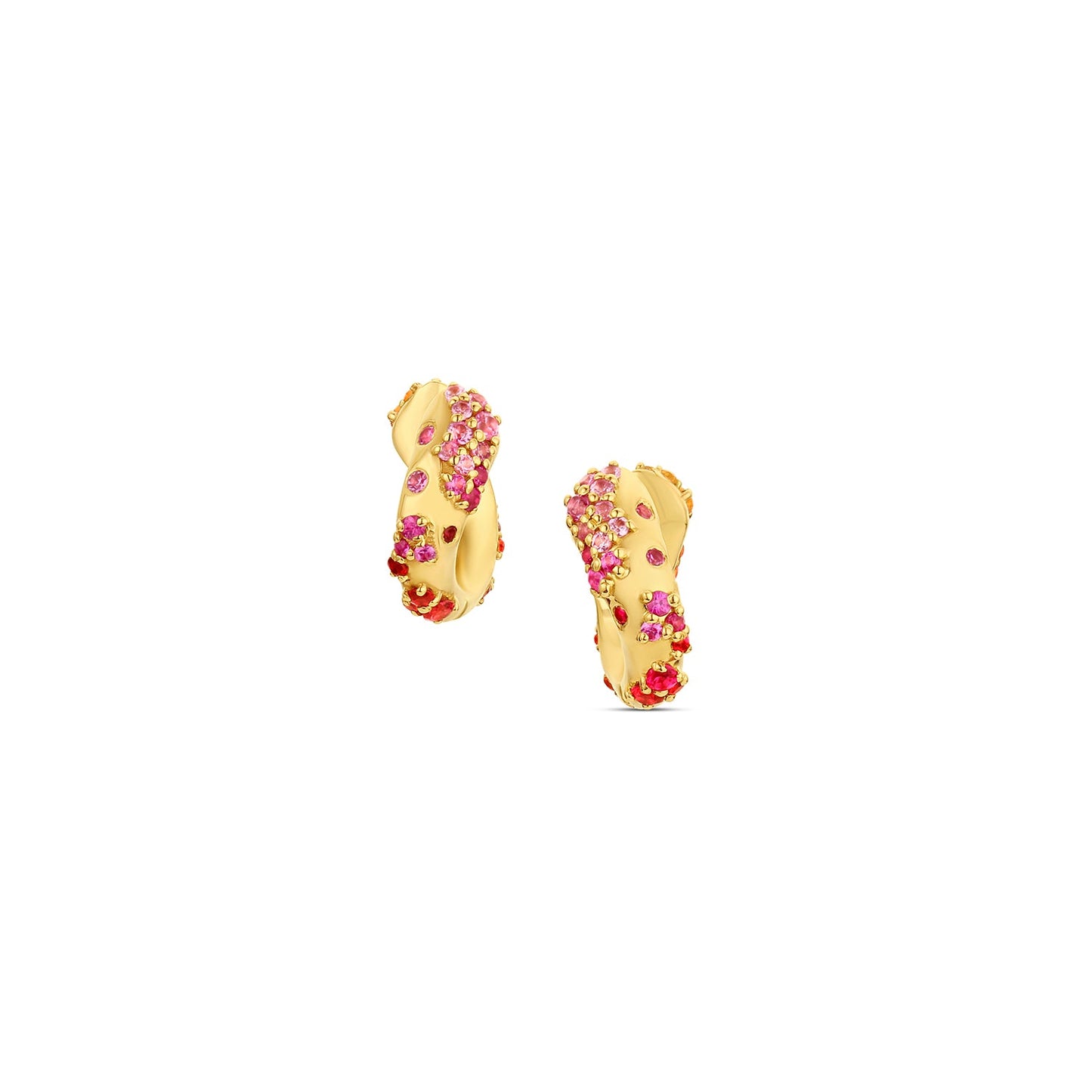 Ebb & Flow Huggie earrings in 14KY Fairmined Gold, back-facing pair with light pink to red sapphires and rubies