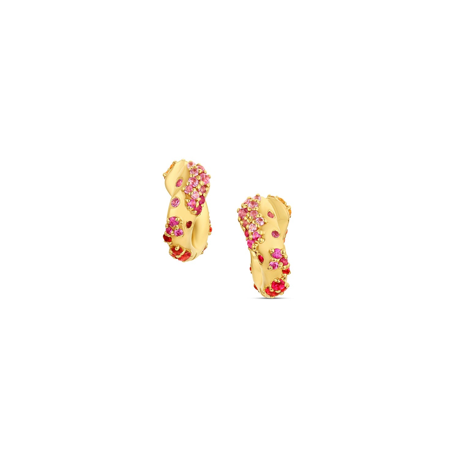 Ebb & Flow Huggie earrings in 14KY Fairmined Gold, back-facing pair with light pink to red sapphires and rubies