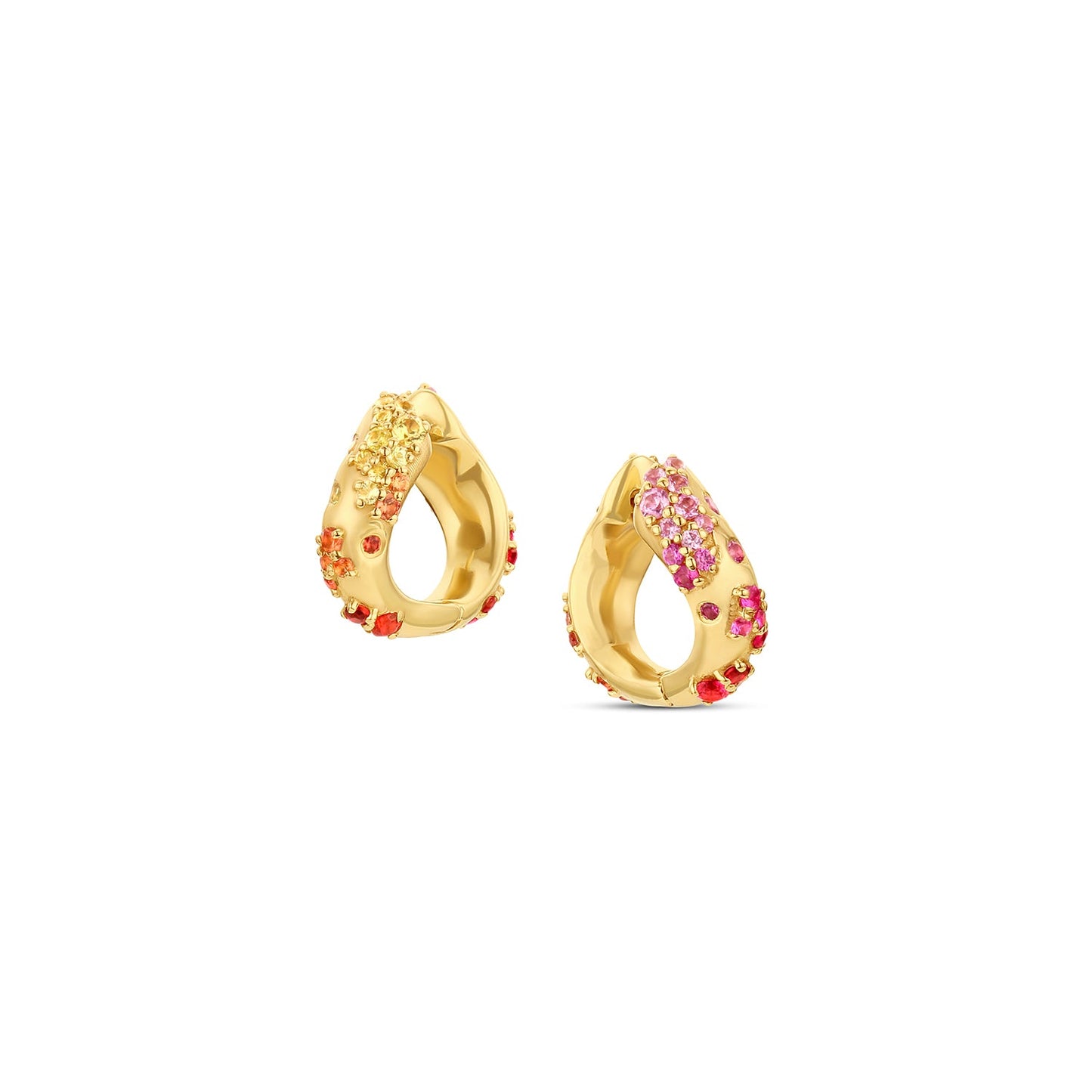 Ebb & Flow Huggie earrings in 14KY Fairmined Gold showing reversible design with warm-toned sapphires
