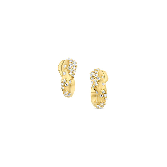Ebb & Flow Huggie earrings in 14KY Fairmined Gold, front-facing pair with diamonds