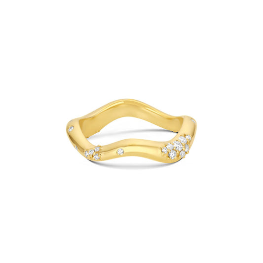 Shimmering Tides Wave Ring in 14KY Fairmined Gold with scattered diamonds, front view