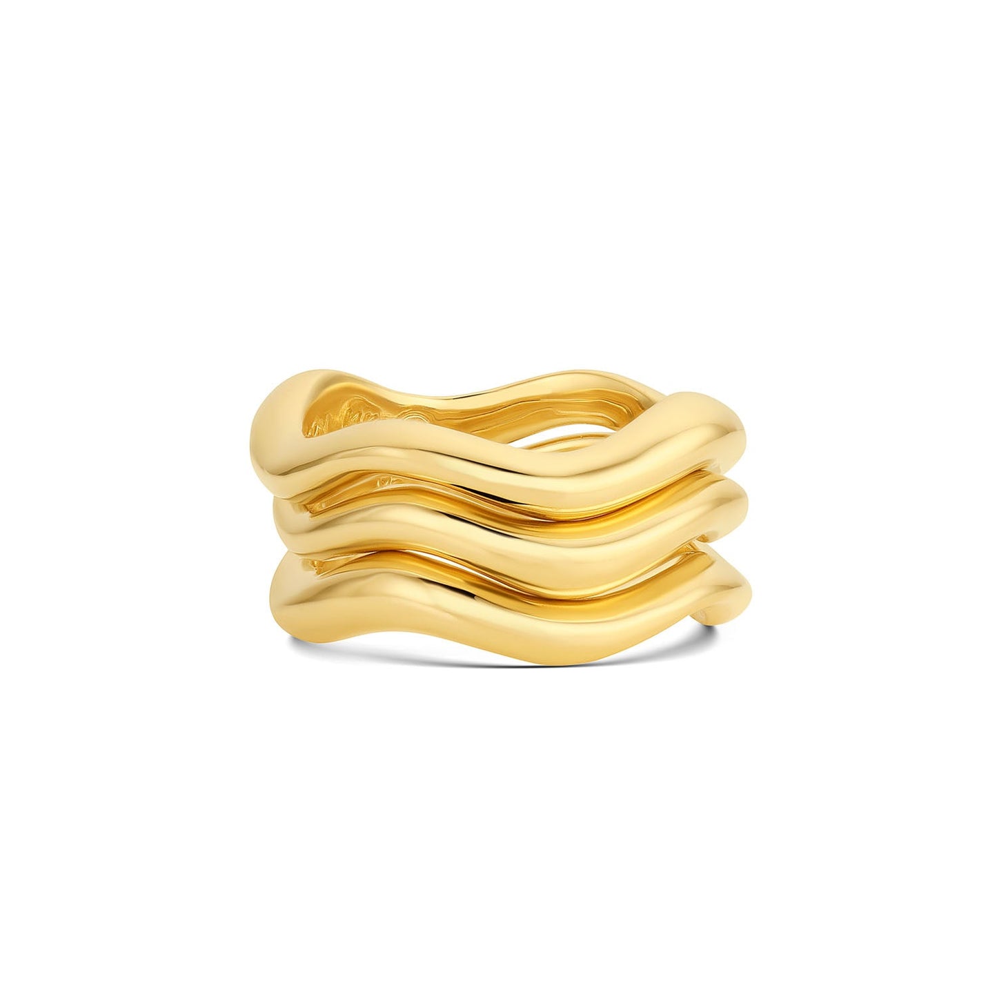 Three Wave Rings stacked in 14KY Fairmined Gold showing sculpted wave texture